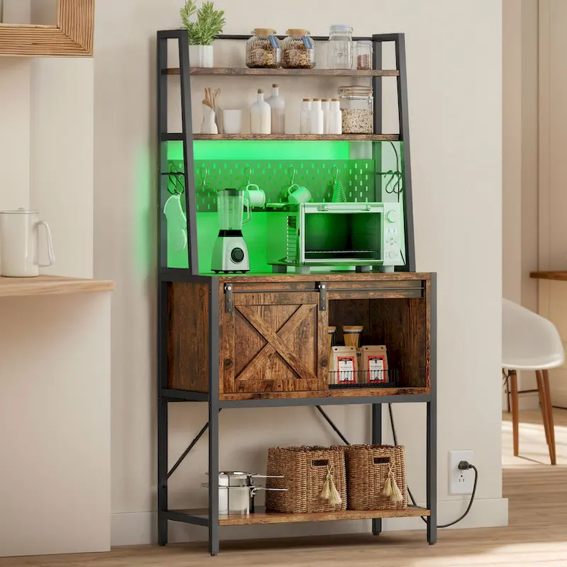 Newport Furnishings 5-Tier Kitchen Baker's Rack with Power Outlet, LED Lights & Sliding Cabinet
