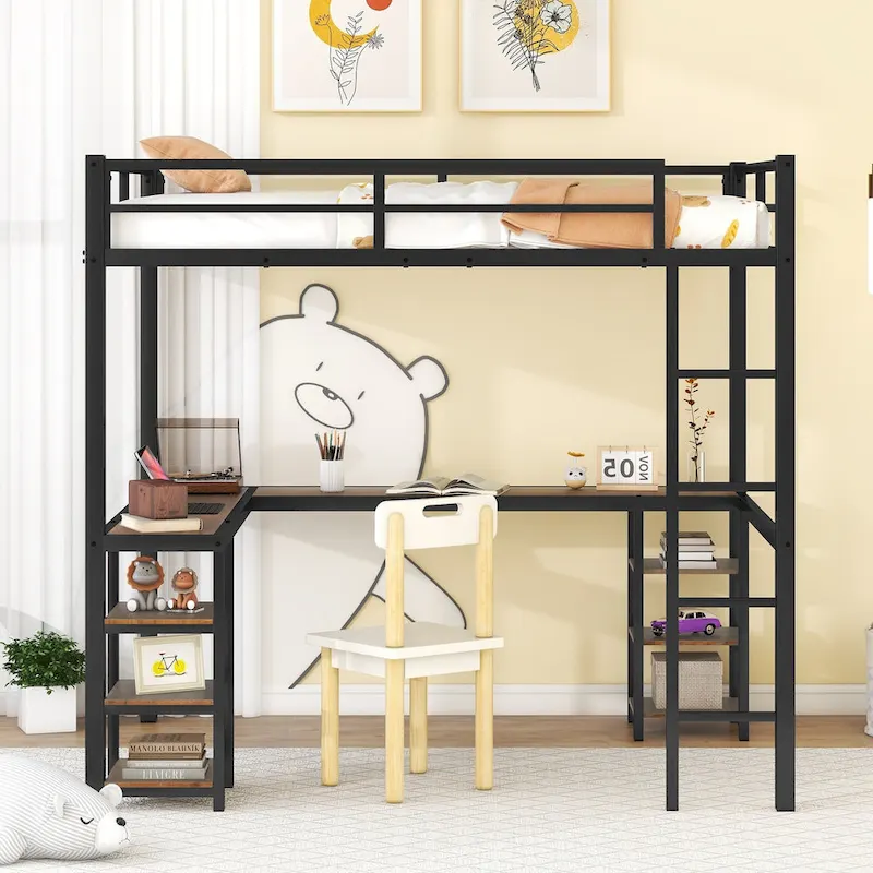 Full Metal Loft Bed with Desk and Shelves, Loft Bed with Ladder and Guardrails, Loft Bed Frame