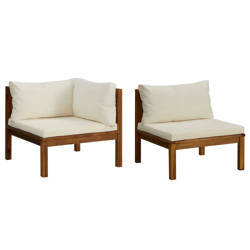 2pc Outdoor Modular Corner Sofa, Square Acacia Wood, White Polyester