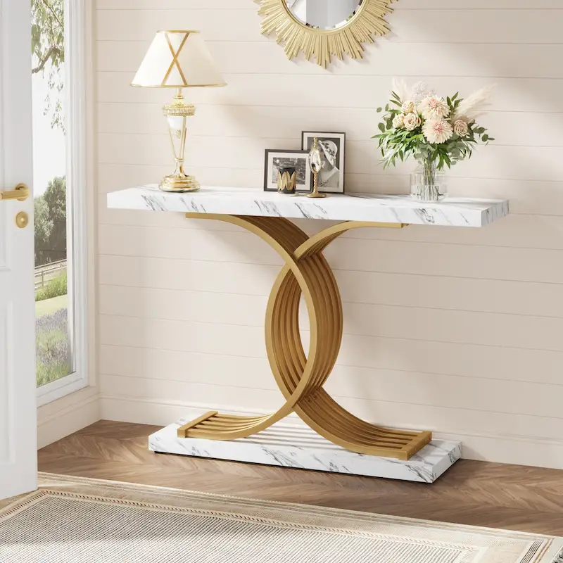 Black/ Gold Modern Sofa Table with Faux Marble Tabletop, 39 Inches Wood Foyer Table with Geometric Metal Legs for Entryway
