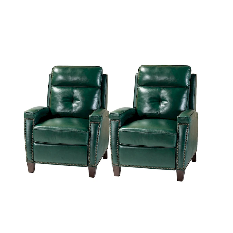 Gaspar Mid-Century Modern Genuine Leather Pushback Recliner with Wood legs Set of 2 by HULALA HOME