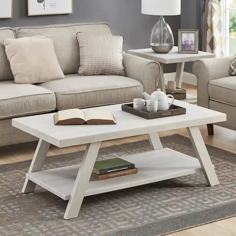 Contemporary Wood Shelf Coffee Table in White Finish, for Living Room