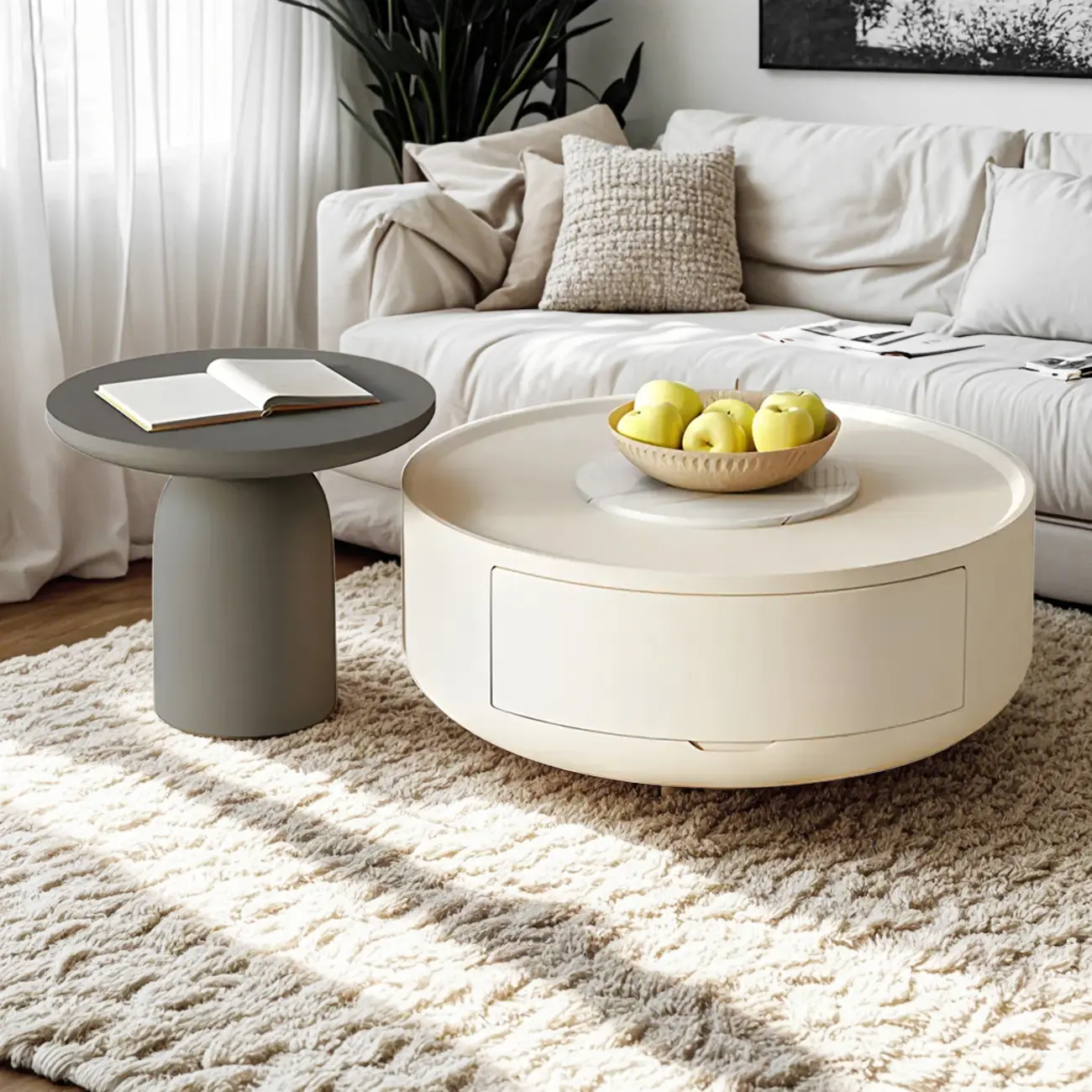 White Round Modern Drum Wood Coffee Table