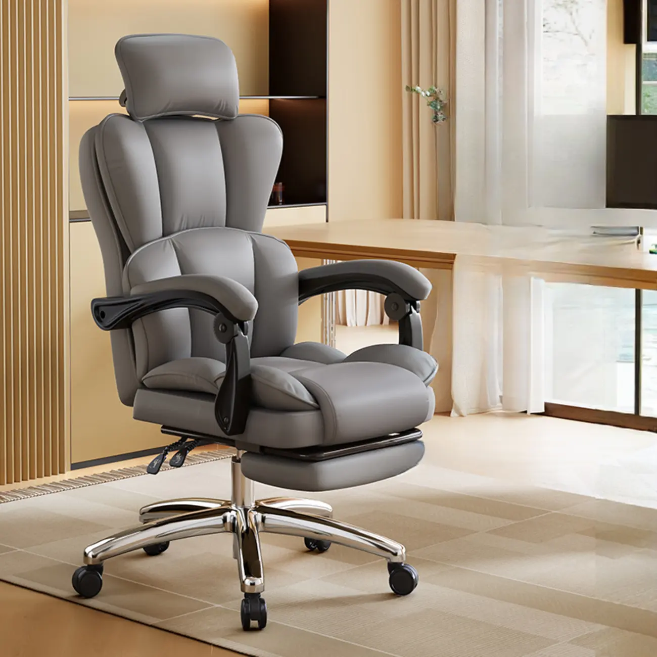 Modern Khaki Leather Adjustable Reclining Office Chair