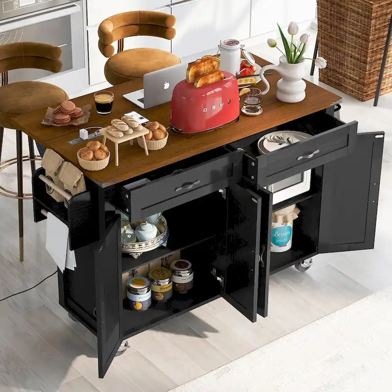 Farmhouse kitchen island with electrical outlets and drop-leaf panels