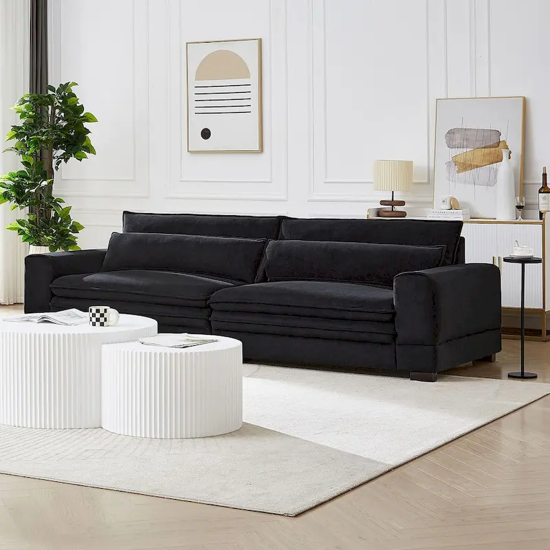104 in Mid-Century Modern Fabric Sofa, Upholstered Sofa Couch with 2 Pillows, Solid Wood Legs