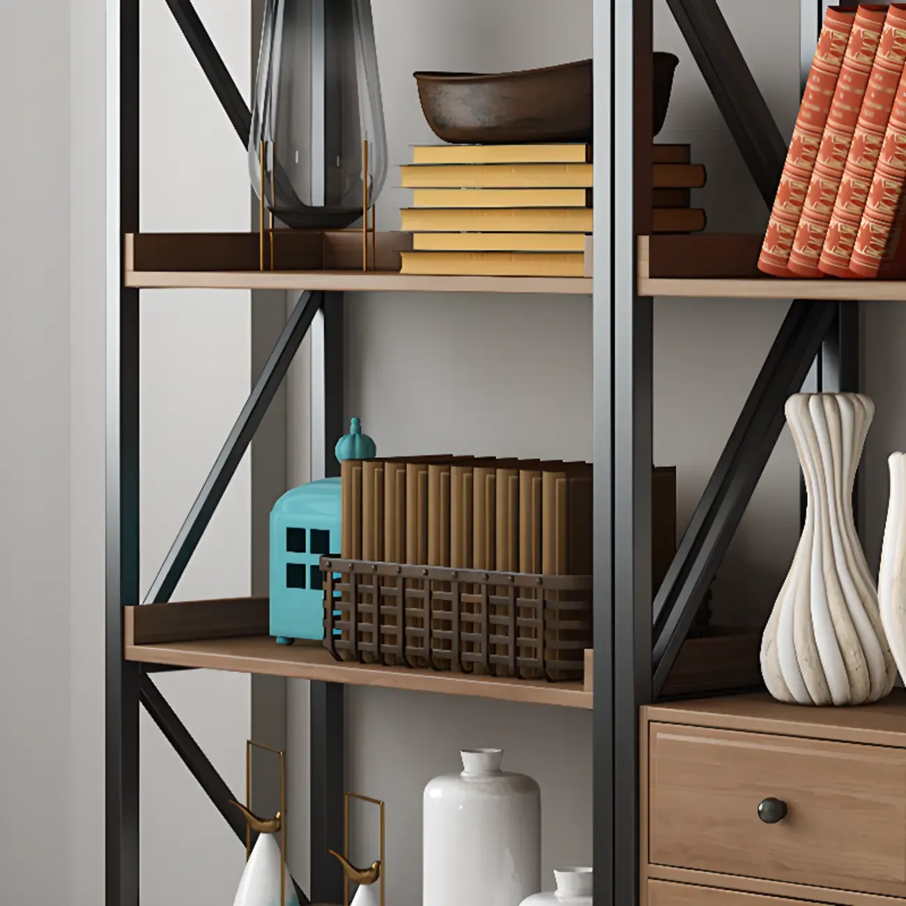 Rustic Brown Metal 6-shelf Open Bookcase with Cabinet