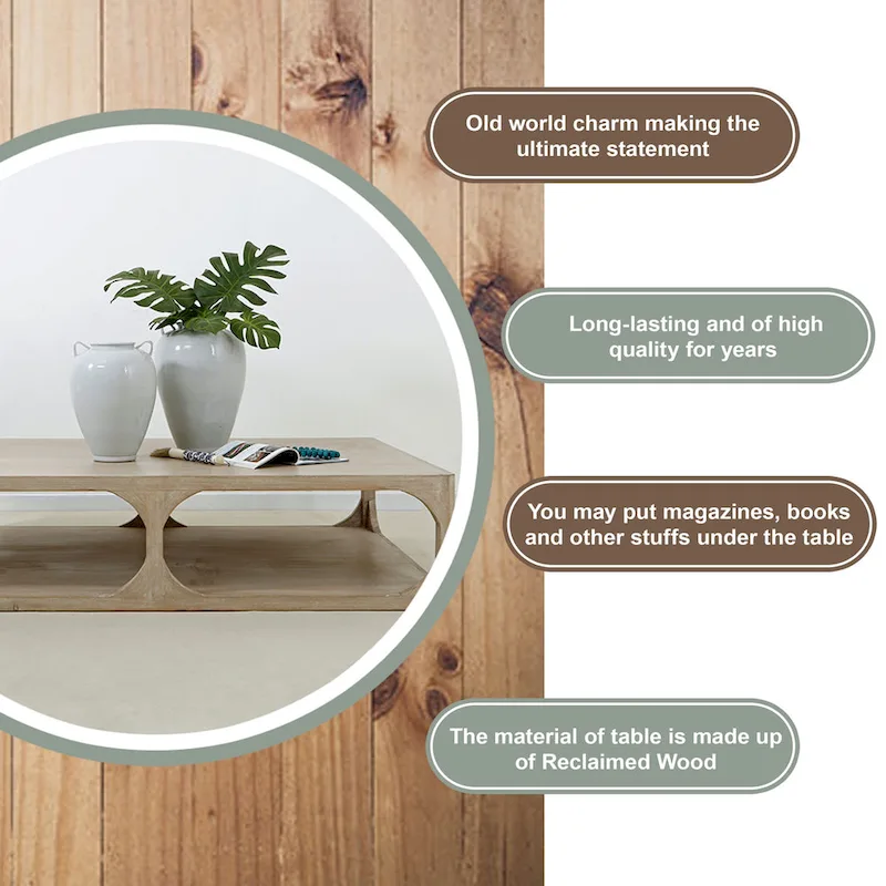 Reclaimed Wood Peking Ming Coffee Table, Small, 55 Inch Long, Weathered White Wash