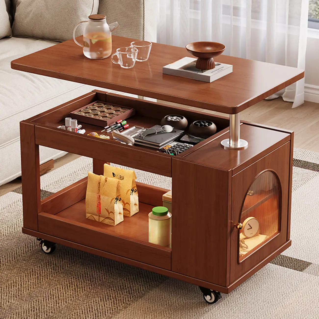 Adjustable Swivel Top Walnut Wood Wheel Side Table