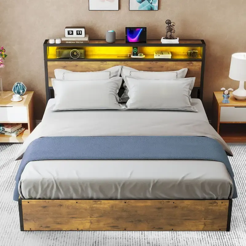 Lift Up Storage Bed LED Platform Bed with Hydraulic Storage System USB Charger