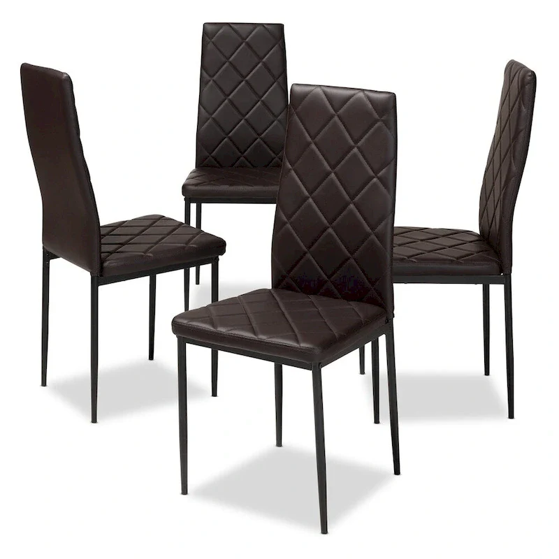 Grid-Tufted Faux Leather Dining Chairs - Black - Set of 4