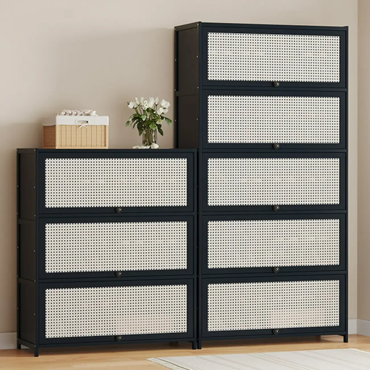 Modern Black Bamboo Shoe Cabinet with Rattan Panels