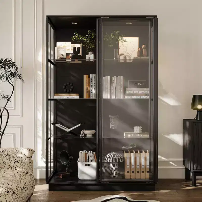 Black Glass Display Cabinet with LED Spotlights, Sliding Doors, 1-Person Assembly