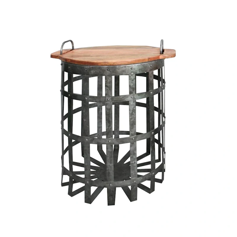 Industrial Grid Galvanized Accent End Table with Round Lid and Handles, Set of 2, Gray and Brown