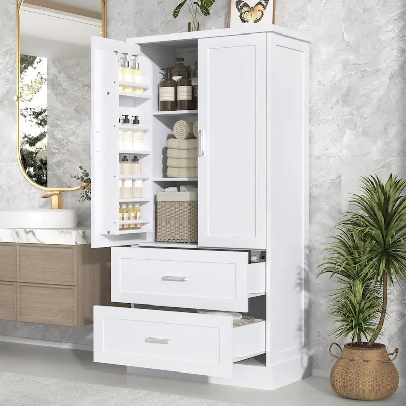 Tall Bathroom Storage Cabinet, Cabinet with Two Doors and Drawers, Adjustable Shelf, MDF Board