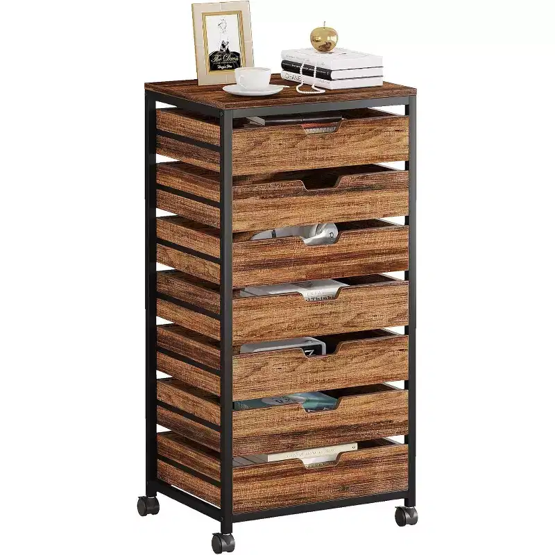 7-Drawer Storage Dresser Cabinet with Wheels, Retro Wood & Black Metal, 1-Person