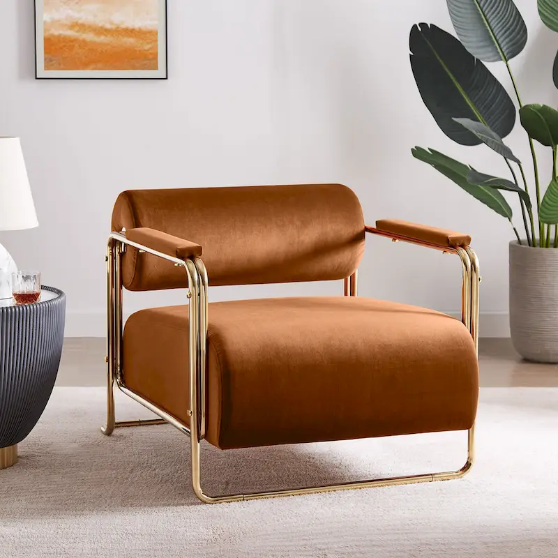 31 Wide Velvet Armchair with Cylindrical Backrest and Metal Frame