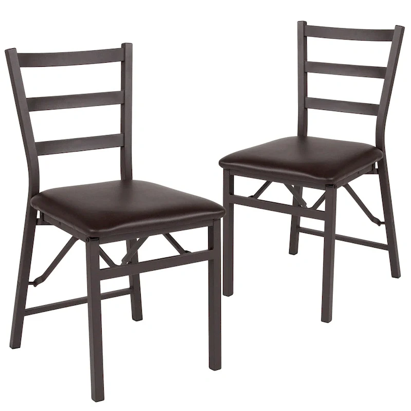 2 PK Brown Folding Ladder Back Metal Chair - Brown Vinyl Seat - Dining Furniture