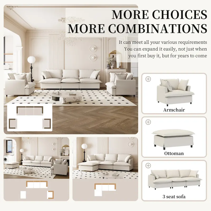 Modular Chenille Sectional Couch, Upholstered Sofa & 2 Armchairs