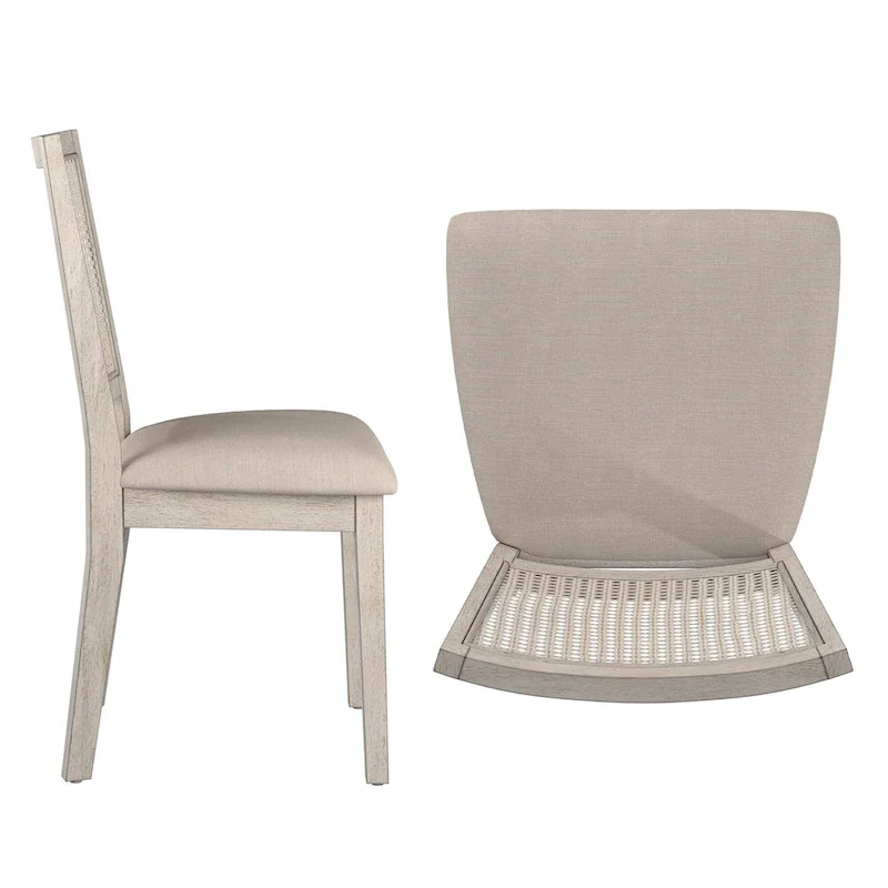 Beige Linen Rattan Back Dining Chairs (Set of 2)