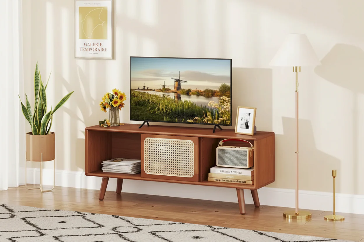 Modern TV Stand Entertainment Center Media Console with Rattan