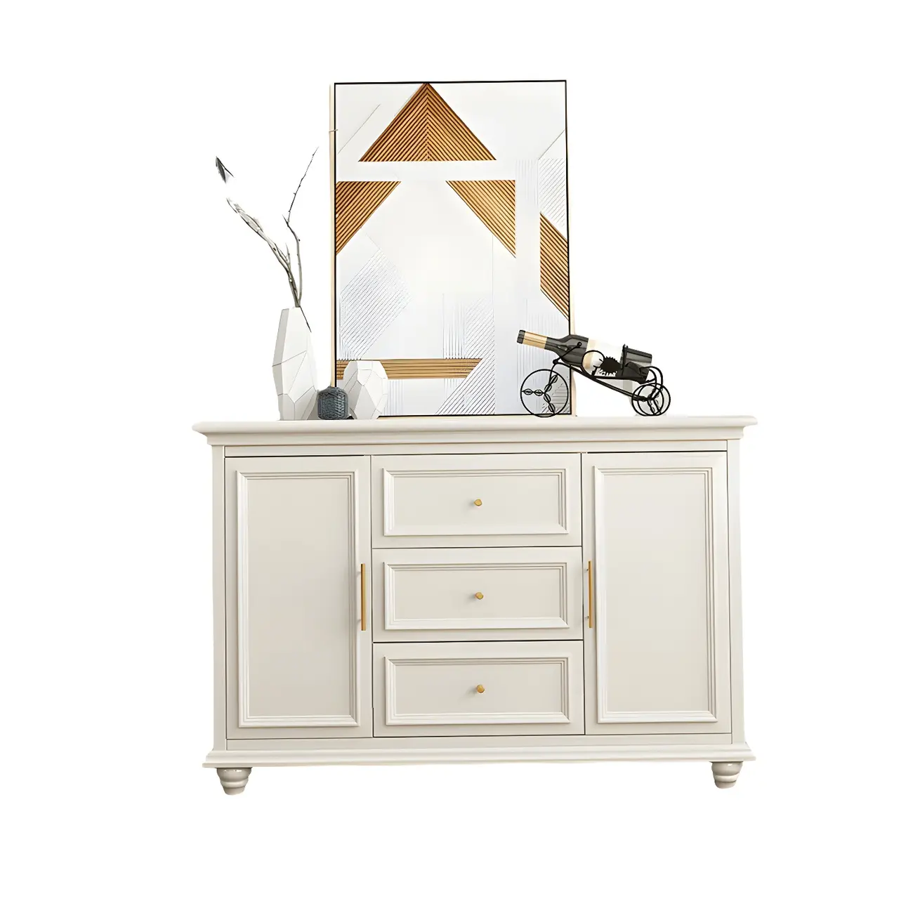 White Wooden Sideboard with 3 Drawers and Cabinets