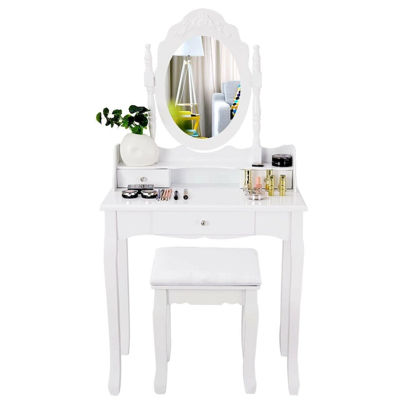 Costway White Vanity Wood Makeup Dressing Table Stool 3 Drawer