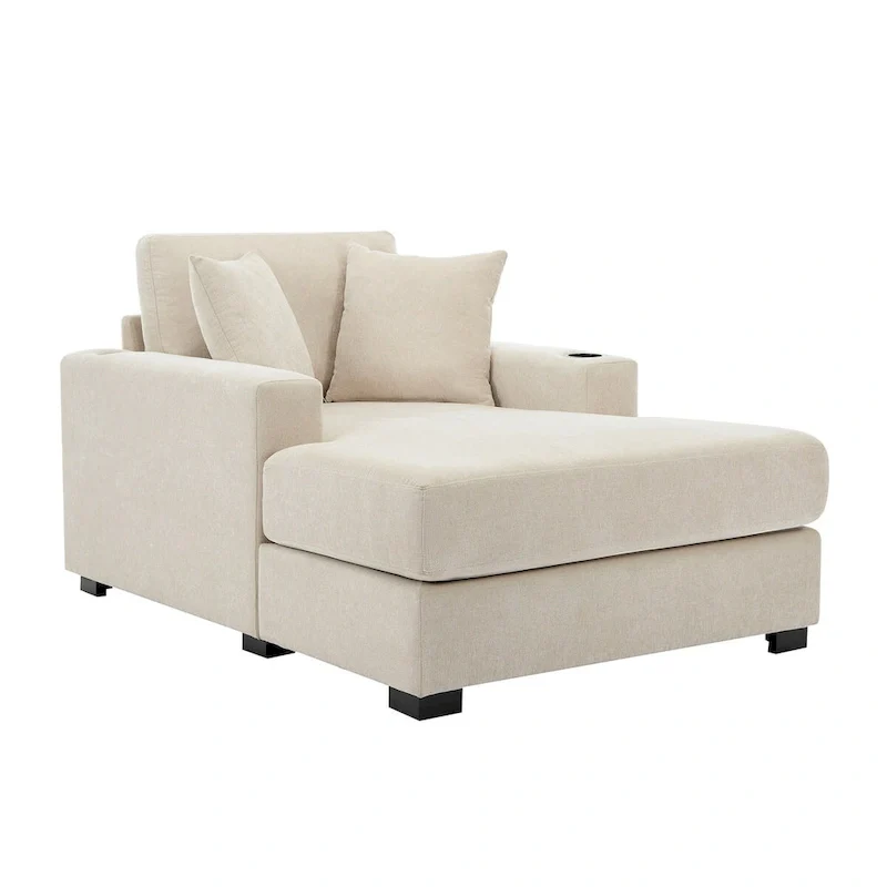 43.5 Chenille Fabric Chaise Lounger Sofa Couch with Pillows, Charge Station & Cup Holders