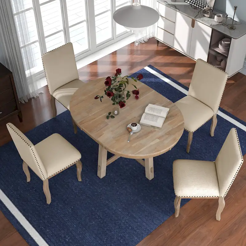 5-Piece Dining Set with Round Extendable Dining Table and Chairs