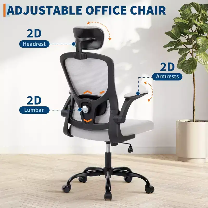 Premium Ergonomic High-Grey Mesh Office Chair - Adjustable Headrest & Reclining Backrest, 360 Swivel - Silent Casters, Skin-Friendly & Durable