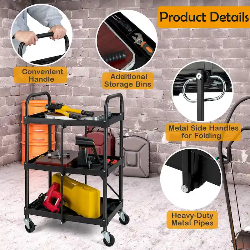 Folding Collapsible Service Cart Heavy-Duty 3-Shelf Tool Cart - 24 x 17 x 38 (L x W x H)