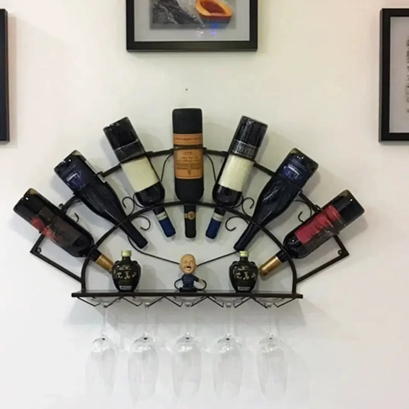 Fan-shaped Simple Metal Wall-Mounted Wine Bottle & Glass Rack