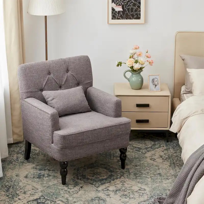 HUIMO Arm Chair Upholstered Button Tufted Accent Chair with Lumbar Pillow Beige/ Grey/ Light Blue/Brown