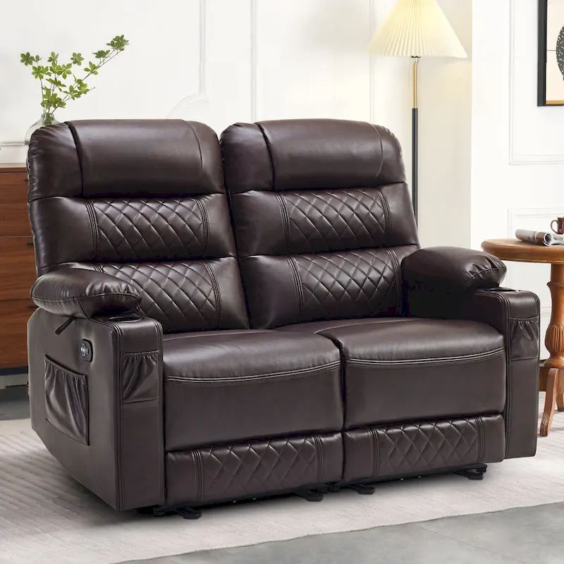 Power Recliner Loveseat, Saddle/Dark Brown/Light Grey, Heat & Massage, Seats 2