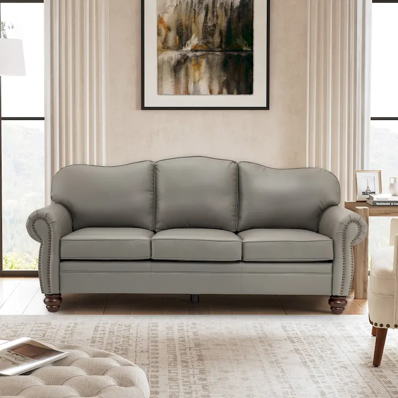 Balvino 81 Wide Transitional Genuine Leather Rolled Arm Sofa with Nailhead Trim and Removable Cushions