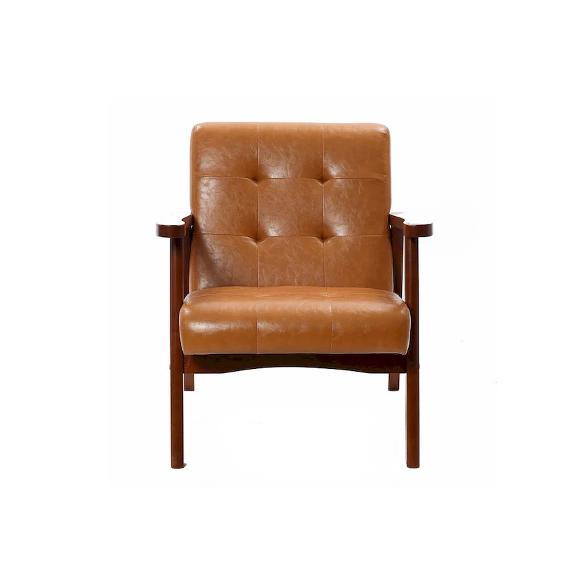 Mid-Century Armchair - Brown Faux Leather, Rubberwood Frame, 24.13W x 29.9H, Single Seat, 250 lbs