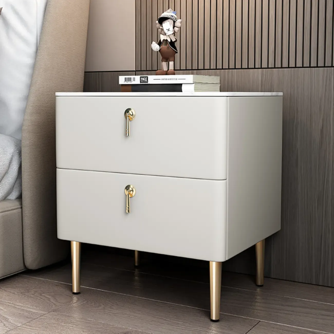Modern Stone Top Gold Accents Leather 2 Drawer Nightstand