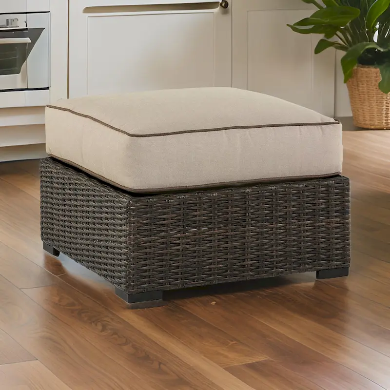 Waga 29 Inch Outdoor Ottoman, Cushioned Seat, Resin Wicker, Brown, Beige