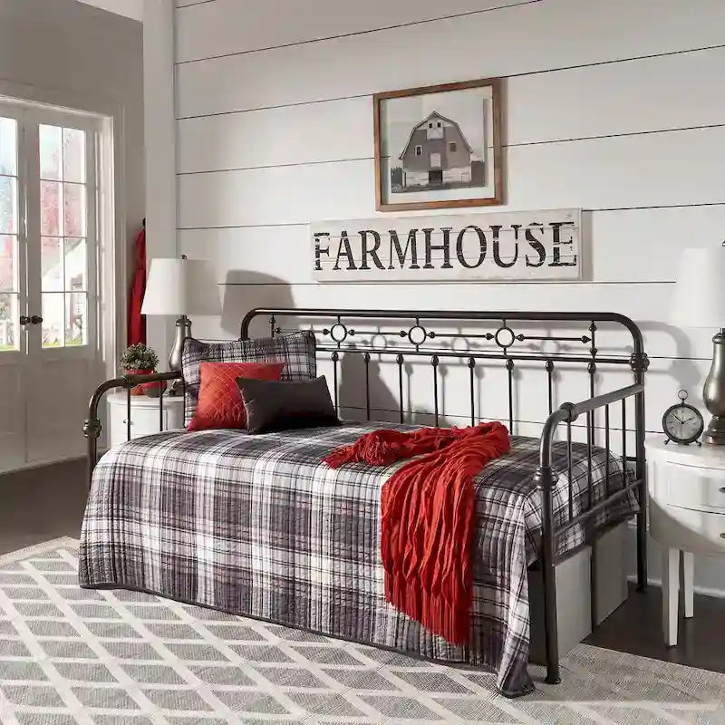 Antique Dark Bronze Metal Daybed with Trundle, Classic Style Twin Guest Bed
