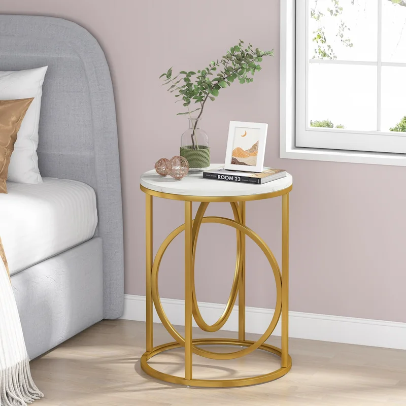 20 in. Marble White Round Wood End Table with Gold O-shaped Base