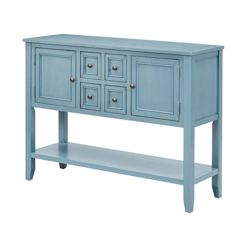 Dark Blue Distressed Acacia Wood Buffet Sideboard with 4 Drawers, 2 Cabinets & Bottom Shelf