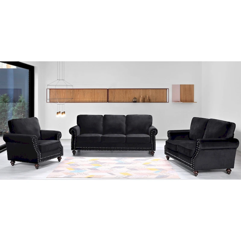 Ramos Nailhead Velvet 3-Piece Set-Loveseat Sofa and Chair