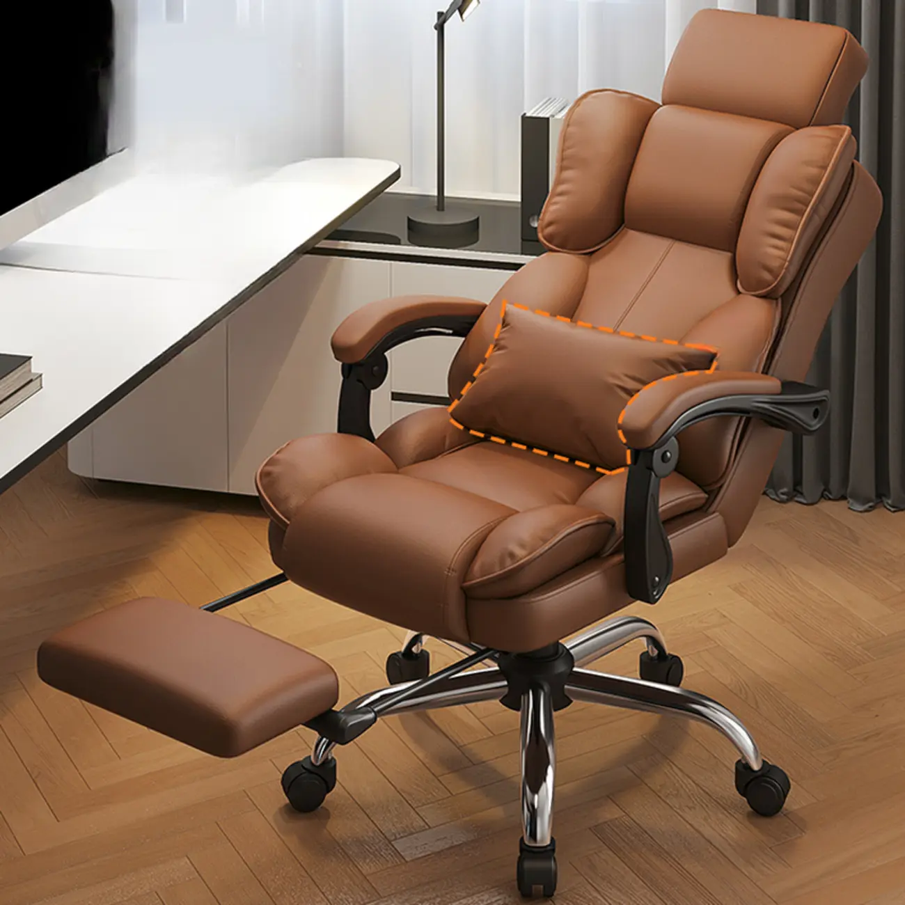 Ergonomic Brown Leather Reclining Office Chair