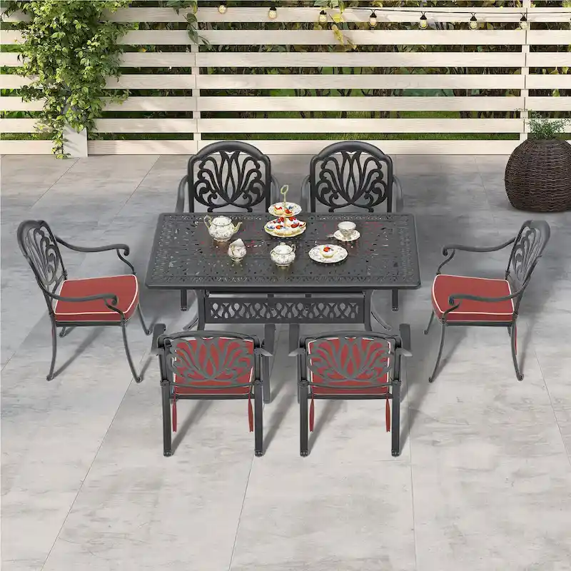 7-Pc Aluminum Patio Set , 6 x Armchairs with Cushions In Random Colors with 1 With Umbrella Hole Table