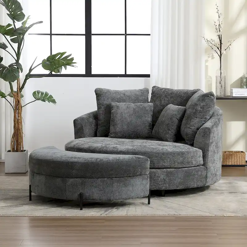 Modern Sofa Chair Round Accent Barrel Chair With 5 Pillows and Optional Ottoman