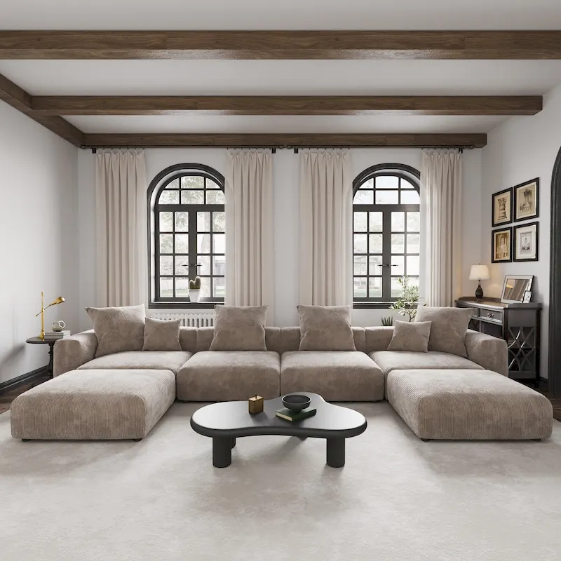 Large Modular Sectional Sofa Corduroy Upholstery U-Shaped 4 Seater with 2 Ottoman and 5 Pillows