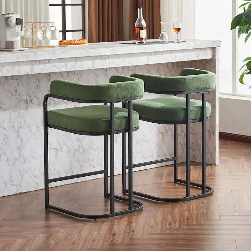 Fabric Upholstered Bar Stools Set of 2, Counter Height Bar Stools with Barrel Back, Dining Chair with Metal Frame and Arms
