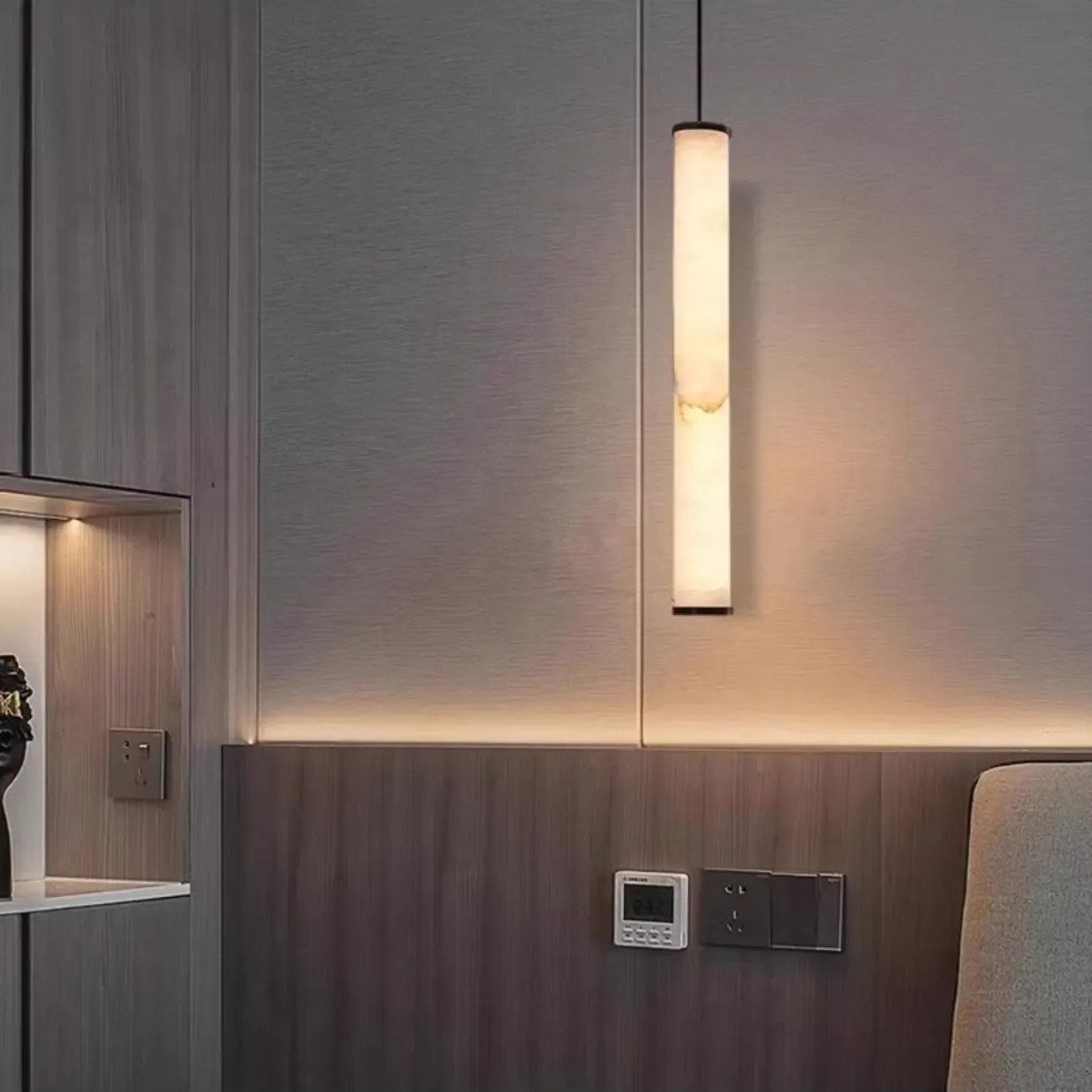 Modern Black Metal Alabaster Cylinder LED Pendant Light