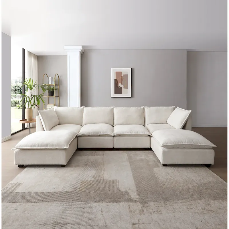 Beige 130 U-Shaped Customizable 6-Seat Modular Sectional Sofa with Convertible Ottoman and Versatile Assembly Options