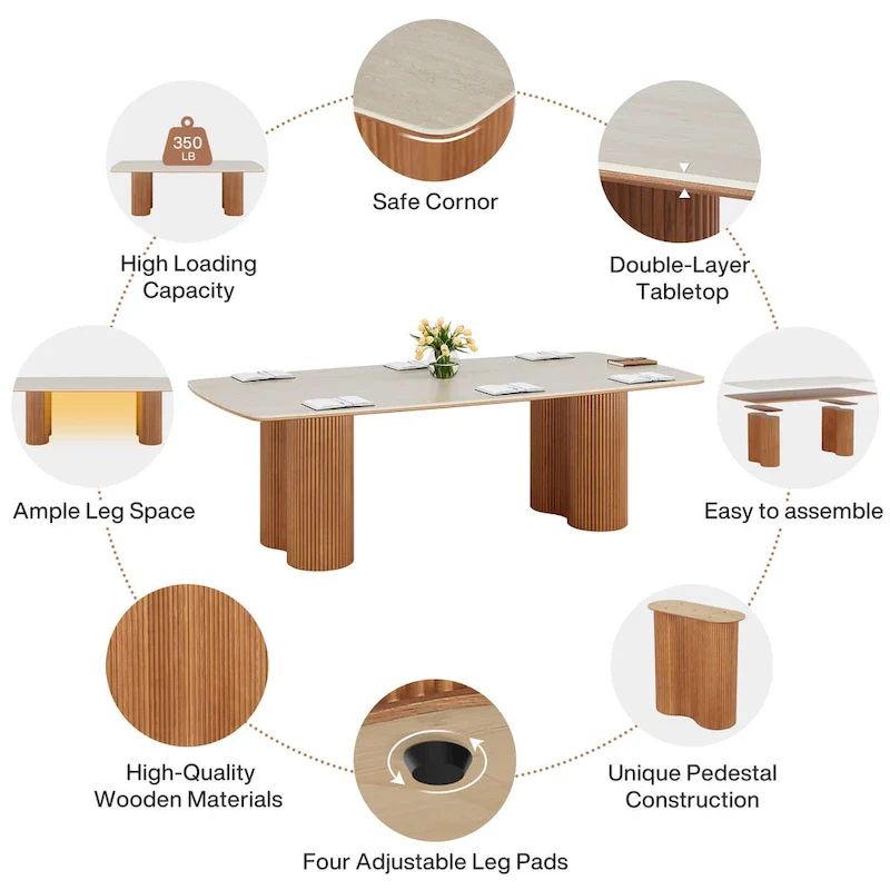 6.5 ft Conference Table with Sintered Stone Top & Wave Stripe Solid Wood Base